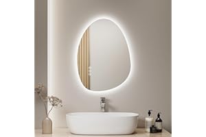S'AFIELINA Miroir de Salle de Bain avec Éclairage 60 x 45 cm Miroir Rond Asymétrique avec Interrupteur Tactile, Dimmable, 3 Couleurs de Lumière Réglables, Antibuée Miroir de Salle de Bain