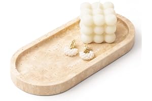 WORHE Italy Natural Travertine Stone Tray for Jewelry, Candles, Perfume, Trinket, Marble Oval Vanity Trays for Bathroom, Dresser, Kitchen, Countertop Storage Organizer for Home Decor Beige BH102
