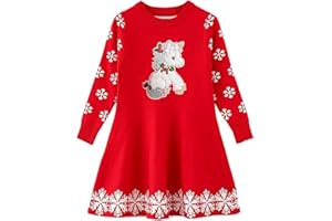 Psafagsa Fille Noël Robe Princesse Noël Robe Robe en Tricot à Manches Longues Enfants Licornes Flocon de Neige Robe Robe de fête d'hiver