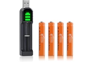 Piles AAAA, Pickle Power 4 PCS Rechargeables NI-MH AAAA 500 mAh pour Surface Pen/Tactile Pen/Google Pixebook Pen/Brosse à Dents/Souris et Chargeur USB pour AA AAA AAA AAAA