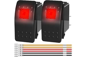 MKBKLLJY 2Pcs Marine Rocker Switch 12V Lighted Rocker Toggle Switch Red LED Light Illuminated 3Pin SPST 2Position ON/Off Waterproof with Locked Terminal Wires for Boat UTV RZR ATV Car Automotive