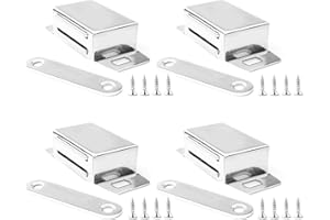 QAUM Lot de 4 loqueteaux magnétiques puissants en acier inoxydable - Force de maintien de 18 kg - Pour porte de balcon, porte d'armoire, de meuble - Pour cuisine, salle de bain, armoire - Avec 16 vis