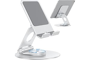 OMOTON Soporte Tablet Giratorio de 360°, Soporte Ajustable para Mesa, Multiángulo Soporte para Móvil Mesa y Escritorio de Aluminio Compatible con iPad Pro/Air/Mini, iPhone, Samsung, Huawei, Plata