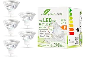 greenandco 5x MR16 GU5.3 | remplace 35W | blanc chaud 2700K | 3W 300 lm | 38° | sans scintillement | Ampoule LED COB | 12V AC/DC | non dimmable