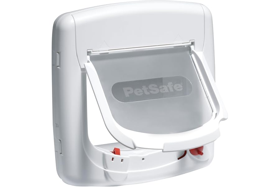 PetSafe Magnetic 4 Way Locking Deluxe Cat Flap - Selective Entry for Secure Access - White & Woodgrain