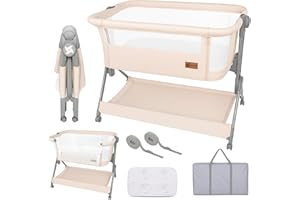 Twinly – Minicuna Colecho Bebé Comfortly con Ruedas | Plegado Rápido, Altura Ajustable 5 Niveles, Cuna Viaje Transpirable 0+ Meses hasta 9 kg, Bolsa Transporte, Colchón – Sin Montaje (Beige)