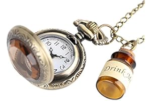 OFKPO Montre de Poche Mecanique, Montre de Poche Collier Rétro Alice au Pays des Merveilles, Pendentif Montre avec Drink Me Charms