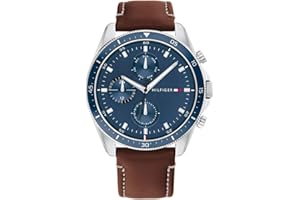Tommy Hilfiger Analogowy wielofunkcyjny zegarek kwarcowy dla mężczyzn ze srebrną bransoletką ze stali nierdzewnej lub skórzanej, Brązowy, Zegar