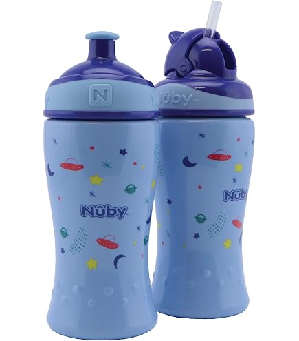 Nuby Tazza Termica Per Bambini 270ml, 2 Pezzi Con Dinosauri - Borraccia Isolata Anti Fuoriuscita, Con Valvola Rimovibile, Beccuccio Morbido, Dai 12 Mesi - 2