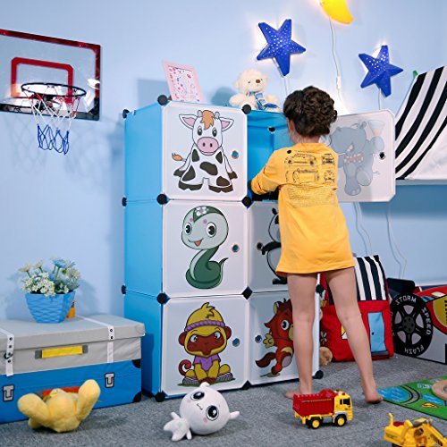 LANGRIA Armoire Penderie 6 Cubes avec Portes avec Dessins Animaux Meuble Séparateur de Pièce Étagère Modulable Rangement Vêtements Chaussures Jouets Sacs pour Chambre Enfants (6 Cubes, Bleu)