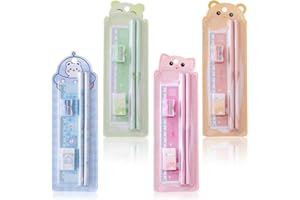 CEJAS 4 Set Fourniture Scolaire Kawaii, Inclus Crayons, Gomme, Règle et Taille-crayon, Cadeau de Rentrée des Classes avec de Jolis Accessoires Scolaires, Cadeau pour l'Anniversaire d'un Enfant
