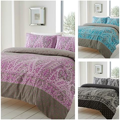 HIGH QUALITY BED LINEN DUVET QUILT COVER SET REVERSIBLE SHABBY CHIC 'KENSINGTON' BLACK TEAL PURPLE PAISLEY PATTERN PRINT (DOUBLE / TEAL)