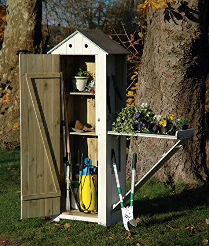 dobar 56215e Schweres Gartengerätehaus mit ausklappbarem Pflanztisch aus massivem Kiefernholz, fertig aufgebaut, 130 x 40 x 185 cm, 35 kg, weiß - 5