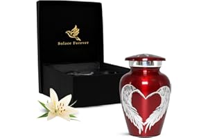SOLACE FOREVER Rote Urne „Engelsflügel“ – Kleine Andenkenurne für Asche – Rote Urne mit Box und Taschen – Mini-Urne für Asche