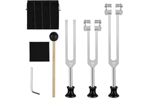 POFIBO Set de Diapasón Terapéutico (128Hz/256Hz/512Hz) – Diapasón Set para Terapia de Frecuencia, Relajación, Yoga y Meditación (con Martillo y Bolsa)