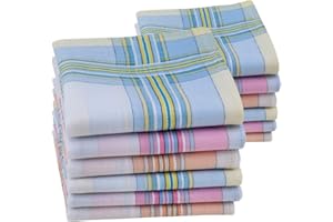 HOULIFE Ladies 100% 60S Combed Cotton Handkerchiefs Womens Soft Stripe Checkered Pattern Coloured Plaid Hankies for Wedding Party 6/12 Pieces 28x28cm Christmas Gifts