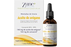 ZANE HELLAS PROBABLY THE BEST OREGANO OIL PRODUCTS IN THE WORLD Zane Hellas 100% Aceite de orégano sin diluir - 86% Min Carvacrol. 164 mg de Carvacrol por porción. Probablemente el Mejor Aceite de orégano del Mundo. 30 ml.
