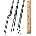 BUNDLEPRO Fine Cooking Tweezers Set, Professional Stainless Steel Food Tongs, Kitchen Black Long Chef Tweezer for Cooking, Plating, Decorating and BBQ (BLACK, 12 inch)