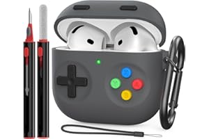 Delidigi für AirPods 4 Hülle Case, Klassische Handheld Game Console Design Silikon Schutzhülle with Reinigungsstift & Karabiner Kompatibel mit Apple Airpods 4. Generation 2024(Dunkelgrau)