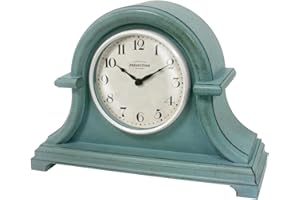 PRESENTIME & Co. Vintage Farmhouse Mantel Clock Series, Napoleon Desk & Shelf Clock, 13 x 10 inch, Domed Lens, Quartz Movement, Aged Teal Finish (Home Decoration/Tabletop Decoration)