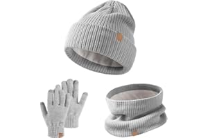 SSKHE Set di 3 guanti invernali per bambini, con cappello, sciarpa, guanti, caldi, termici, lavorati a maglia, scaldacollo, guanti touchscreen, fodera in morbido pile elastico, per bambini dai 5 ai 12