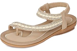 Amissz Sandales Femmes Plates Été Chaussures éLastiques Plage BohèMe Strass Fleurs Femme Confortable PU Tongs Orteils SéParateurs