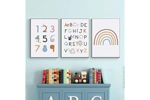 YOUIHOM Set di 3 Stampe Numeri Alfabeto Arcobaleno Quadri Cameretta Bimba Ragazza Ragazzi 30 x 40 Poster Educativi per Bambini Regalo senza Cornice