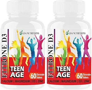 Goa Nutritions Calcium Supplement For Kids Teenagers + Vitamin D3 B12 Magnesium And Zinc For Strong Bone Health | Immunity | Healthy Growth | Height 120 Chewable Tablets No Sugar (10-16 years)
