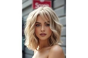 Webshaiy Platinum Blonde Wigs for Women, Short Curly Wavy Layered Blonde Bob Wig with Side Bangs, Ready To Go Natural Synthetic Glueless Wig Fringe with Dark Roots Used for Daily Party