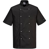 Portwest C733 Modern Chef Jacket 1 Pocket for Safety Collar Mao | Black, XL, Unisex, Lightweight Polycotton Short Sleeve, Sta