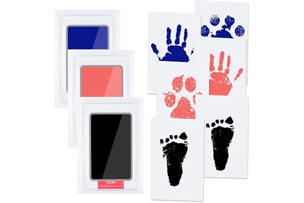 Vicloon Kit Empreinte Pieds et Mains Bébé - 3 Pièces avec 6 Cartes d'Impression, Tampons Clean Touch pour Nouveau-nés - Cadeau Souvenir Douche (Bleu, Noir, Rose)