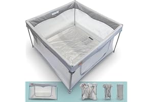 Venture All Stars Joy Square Baby Playpen - Foldable, Compact Playpen for Baby and Toddlers with Mesh Sides, Fitted Mat, and Zipper Door - Portable Play Pen with Travel Bag (6-36 Months)