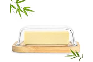 IOPHI Beurrier en Verre avec Couvercle, Beurriers en Bambou Naturel au Parfum de Bambou, Beurrier sans BPA, Contient 250g de Beurre, Beurrier pour Cuisines, Tables à Manger, Thé de l'Après-Midi