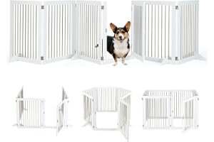 COSTWAY Avstängningsgaller för hundar, fristående hundstaket med dörr och 4 stödben, 80 cm högt, vikbart skyddsgaller, trapps