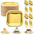Azonee Gold Disposable Party Dinnerware Set, 7" Square Paper Plates with 7.28" Gold Plastic Forks, Heavy Duty, 100 Pcs