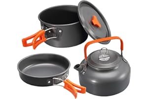 MENES Camping Cookware Kit, 2-3 People Compact Camping Cooking Set Non-Stick Surface, Foldable Frying Pan Pot Kettle Set, with Kettle, Portable Backpacking Pot and Pan Set, for Outdoor Hiking Picnic BBQ