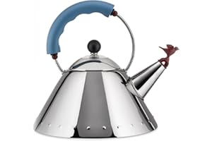 Alessi 9093 Bollitore con Manico E Fischietto A Uccellino di Design in Acciaio Inox, Azzurro,‎ 21.59 x 21.59 x 22.86 cm, 270 Grammi