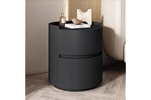 ERICAT Okrągły Stolik Nocny do Sypialni z Szufladami, Drewniany Biały, Zewnętrzna Skórzana Szafka do Przechowywania (Czarny, 45x45x50cm)