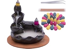 HERBTALE Ceramic Waterfall Backflow Incense Burners - 120 Pcs Backflow Incense Cones + 30 Incense Sticks - for Relaxation, Yoga, Purification, Meditation Gift, Black