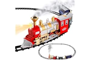 BAKAJI Pista Trenino Giocattolo Bambini Treno Locomotiva con Canna Fumaria Funzionante con Fumo Luce Suoni Realistici e 2 Vagoni Merci Decorazione di Natale per Base Albero (Rosso sotto Albero)