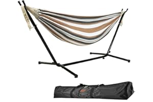 Goutime 2,6m Doppelhängematte mit Ständer, 250 kg Tragfähigkeit, inklusive tragbarer Tragetasche, perfekt für Indoor-Außenterrasse, Terrasse, Hof, Balkon (braun und weiß)