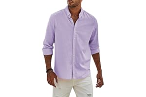 APOONABA Camisa Lino Hombre Manga Larga Color Sólido Shirts Casual Algodón Camisetas Elegante Coton Camisas con Botónes Regular Fit