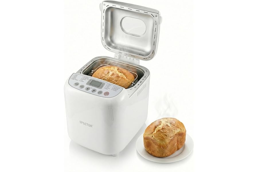 Spector Bread Maker, 2lb Capacity with 3 Loaf Sizes (500g/750g/1000g), 600W Automatic Breadmaker Machine, 15-Hour Delay Timer, 60-Min Keep Warm, 3 Crust Settings, Non-Stick Pan, Gluten-Free, Sourdough