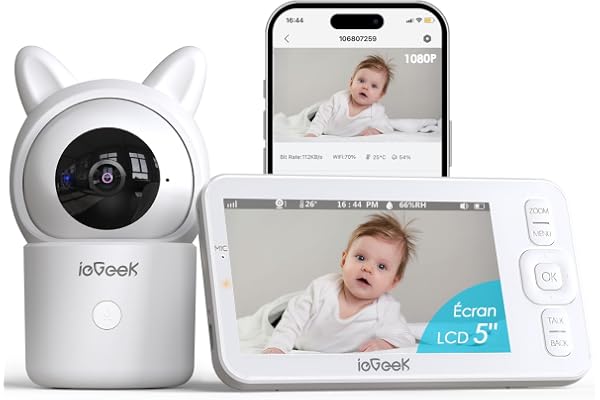 ieGeek 1080P/ 5" Babyphone Caméra,PTZ 355° Baby Phone Vidéo connecté Smartphone, Visiophone avec Alertes Intelligentes/Vision Nocturne/Suivi Automatique (Baby 7)