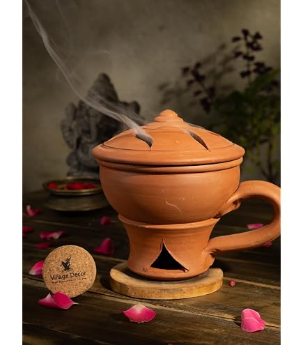 ASHIRWAD Handmade Terracotta Clay Dhuni Cup - 3 Inch Natural Loban Dhoop Burner With Handle For Incense, Puja - View #3