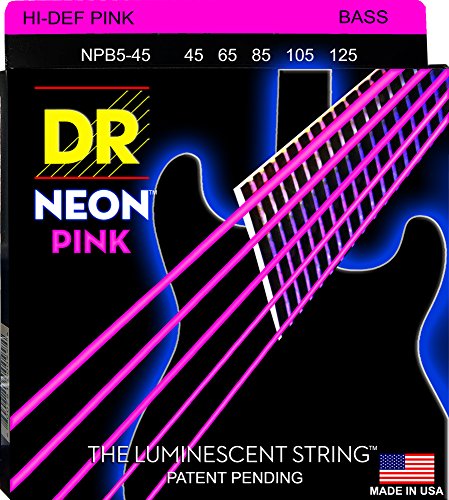DR Strings HI-DEF NEON™ - PINK coloured Bass Strings: 5-String Medium 45-125
