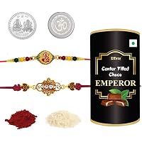 DeoDap Silver Plated Rakhi Roli Chawal, Set of 2 with Chocolate Combo and Greeting Cards