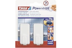 ‎TESA tesa Powerstrips Haken Large CLASSIC, Selbstklebender Wandhaken für Glas, Kacheln, Holz, Kunststoff und andere Untergründe, Weiß