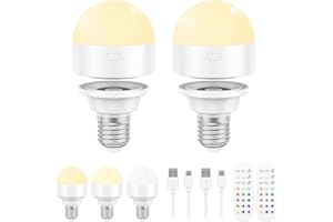 WANME Rechargeable Light Bulbs with Remote, Battery Operated Light Bulb with Dual Recharging Ways,Dimmer E27 Detachable LED Emergency Light with 12 Colors Optional & 3 Timer,Non-Hardwired (2)