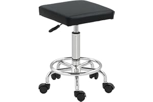 HOMCOM Square Rolling Stool, Height Adjustable PU Leather Salon Chair with Padded Seat and Foot Rest, Swivel Beauty Stool on Wheels for Spa Drafting Salon Tattoo Work Massage, Black